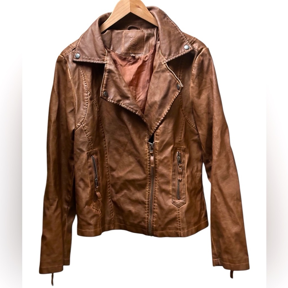MAX STUDIO Women’s Cognac Brown Classic Vegan Leather Moto Jacket Size XL